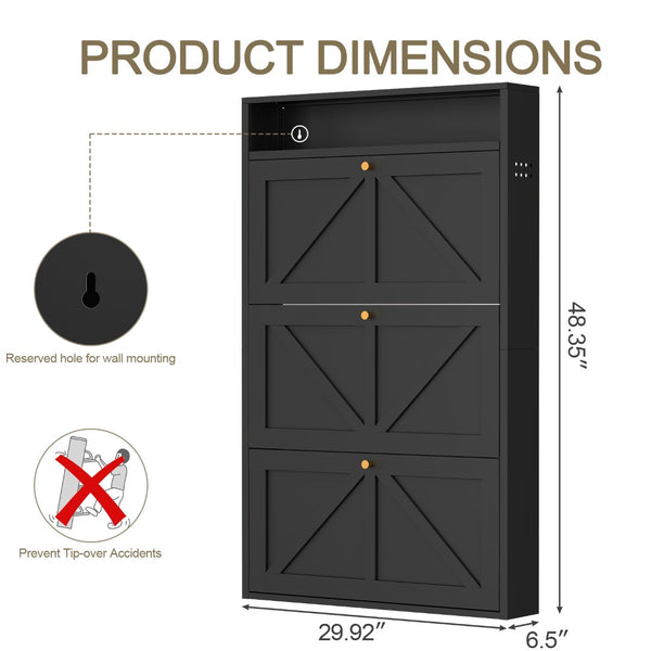 English Elm Metal Wall Mounted Shoe Cabinet with Flip Compartments for Slim Entryway Storage Black T3625P538043