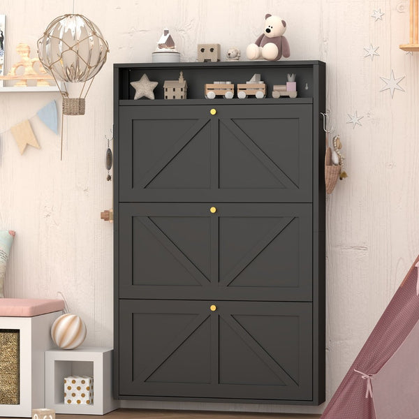 English Elm Metal Wall Mounted Shoe Cabinet with Flip Compartments for Slim Entryway Storage Black T3625P538043