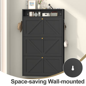 English Elm Metal Wall Mounted Shoe Cabinet with Flip Compartments for Slim Entryway Storage Black T3625P538043