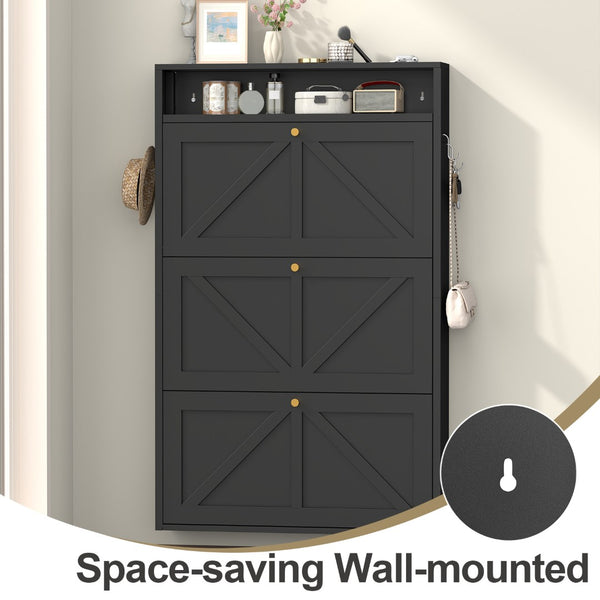 English Elm Metal Wall Mounted Shoe Cabinet with Flip Compartments for Slim Entryway Storage Black T3625P538043