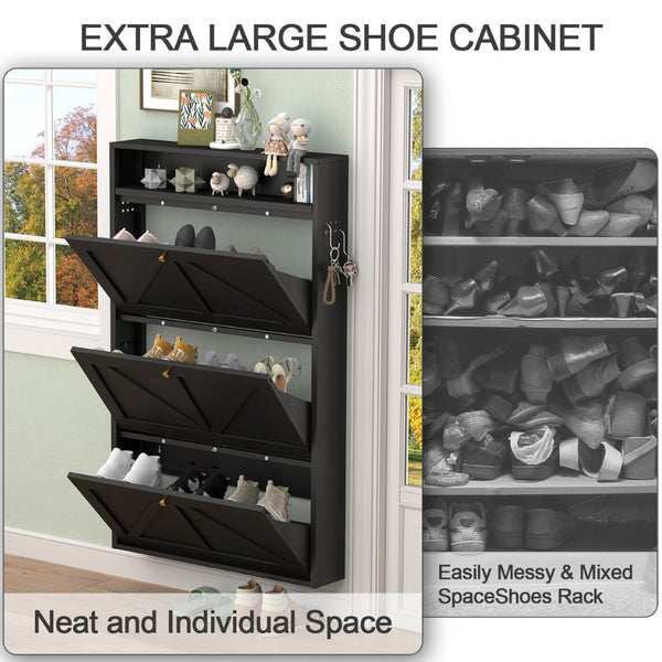 English Elm Metal Wall Mounted Shoe Cabinet with Flip Compartments for Slim Entryway Storage Black T3625P538043