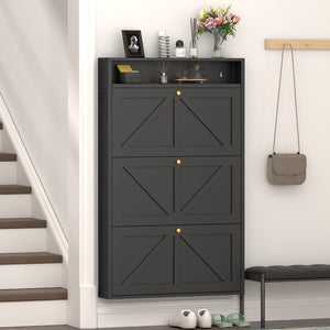 English Elm Metal Wall Mounted Shoe Cabinet with Flip Compartments for Slim Entryway Storage Black T3625P538043