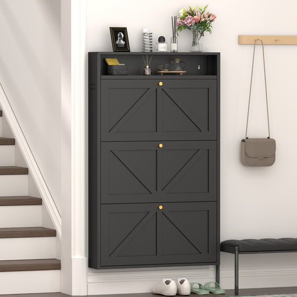 English Elm Metal Wall Mounted Shoe Cabinet with Flip Compartments for Slim Entryway Storage Black T3625P538043