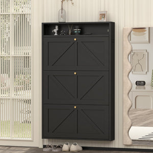 English Elm Metal Wall Mounted Shoe Cabinet with Flip Compartments for Slim Entryway Storage Black T3625P538043