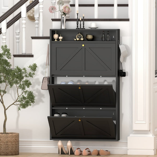 English Elm Metal Wall Mounted Shoe Cabinet with Flip Compartments for Slim Entryway Storage Black T3625P538043