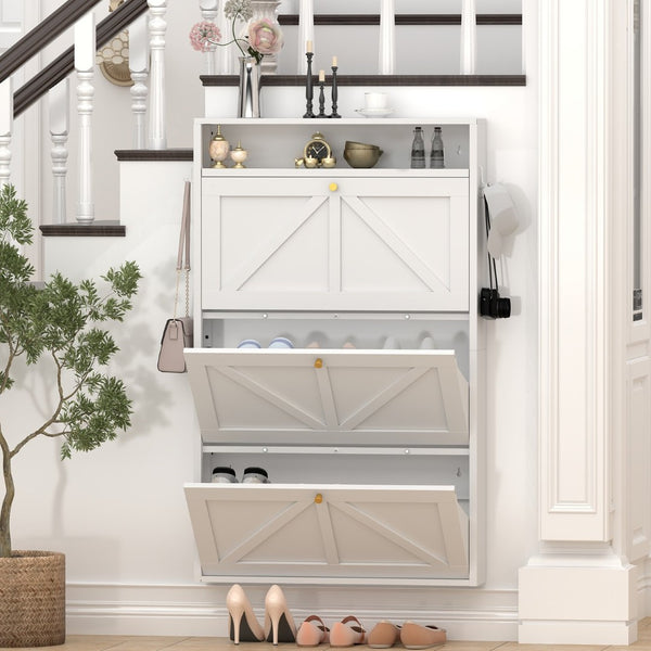 English Elm Metal Wall Mounted Shoe Cabinet with Flip Compartments for Slim Entryway Storage White T3625P538044