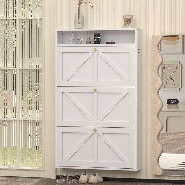 English Elm Metal Wall Mounted Shoe Cabinet with Flip Compartments for Slim Entryway Storage White T3625P538044