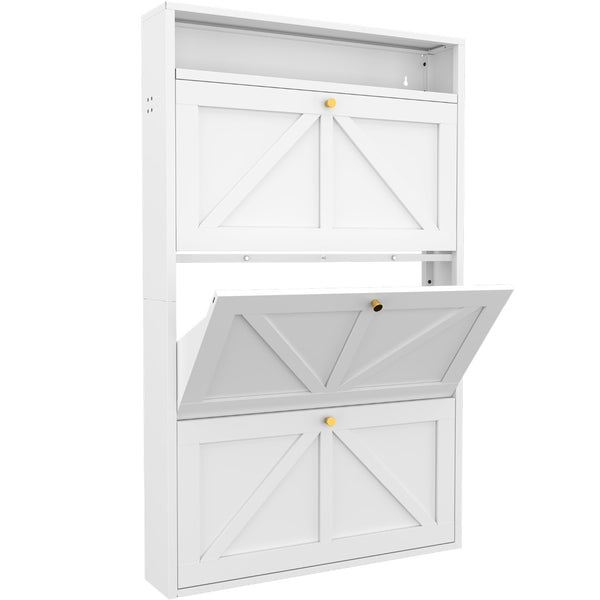 English Elm Metal Wall Mounted Shoe Cabinet with Flip Compartments for Slim Entryway Storage White T3625P538044