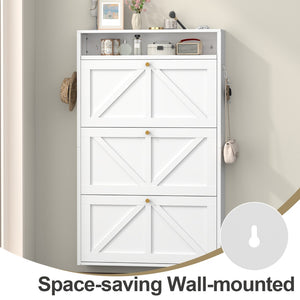 English Elm Metal Wall Mounted Shoe Cabinet with Flip Compartments for Slim Entryway Storage White T3625P538044