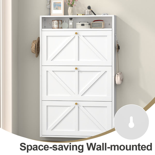 English Elm Metal Wall Mounted Shoe Cabinet with Flip Compartments for Slim Entryway Storage White T3625P538044