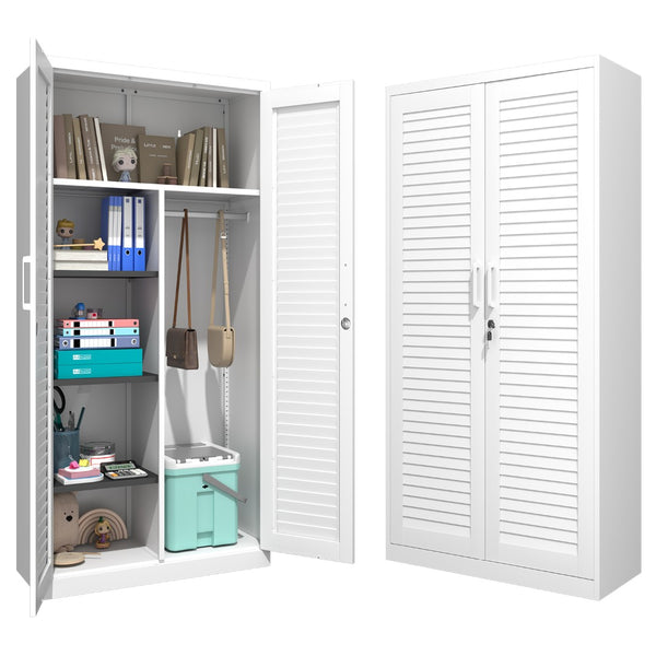 English Elm Metal Tall Utility Cabinet with Locking Doors Wheels and Hanging Rod for Garage White T3625P538115