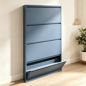 English Elm Metal Wall Mounted Shoe Cabinet with Four Flip Down Drawers Slim Entryway Steel T3625P543815