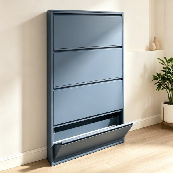 English Elm Metal Wall Mounted Shoe Cabinet with Four Flip Down Drawers Slim Entryway Steel T3625P543815