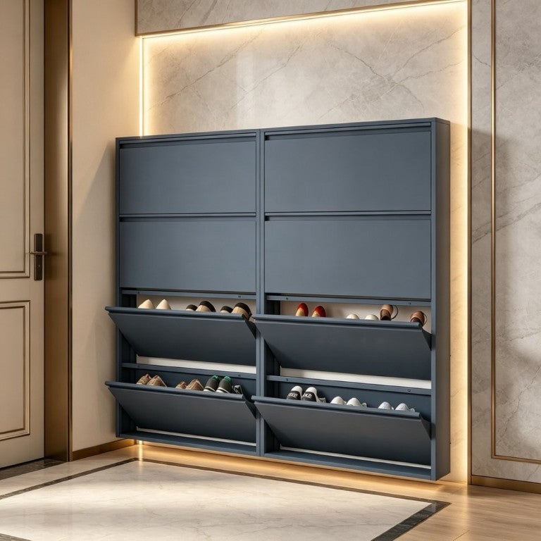 English Elm Metal Wall Mounted Shoe Cabinet with Four Flip Down Drawers Slim Entryway Steel T3625P543815