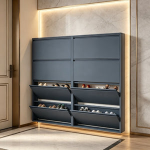 English Elm Metal Wall Mounted Shoe Cabinet with Four Flip Down Drawers Slim Entryway Steel T3625P543815