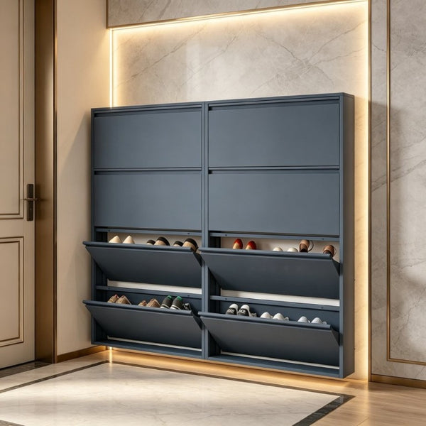 English Elm Metal Wall Mounted Shoe Cabinet with Four Flip Down Drawers Slim Entryway Steel T3625P543815