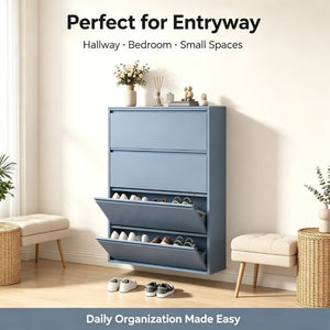 English Elm Metal Wall Mounted Shoe Cabinet with Four Flip Down Drawers Slim Entryway Steel T3625P543815