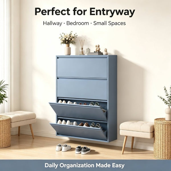 English Elm Metal Wall Mounted Shoe Cabinet with Four Flip Down Drawers Slim Entryway Steel T3625P543815