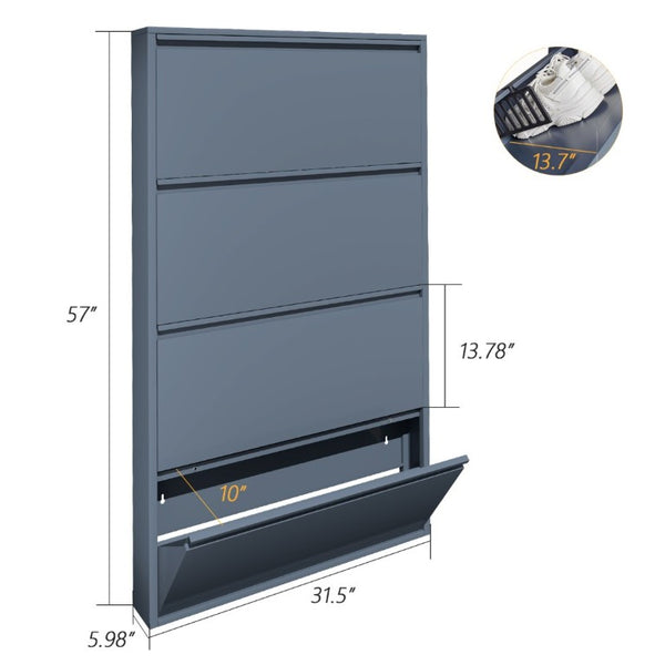 English Elm Metal Wall Mounted Shoe Cabinet with Four Flip Down Drawers Slim Entryway Steel T3625P543815