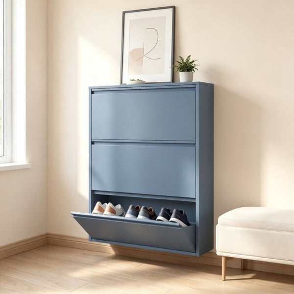 English Elm Metal Wall Mounted Slim Shoe Cabinet with Three Flip Down Doors for Entryway Storage T3625P543827