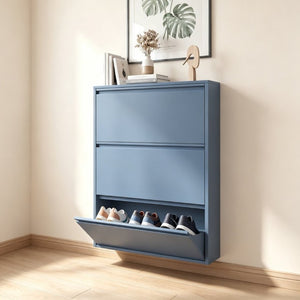 English Elm Metal Wall Mounted Slim Shoe Cabinet with Three Flip Down Doors for Entryway Storage T3625P543827