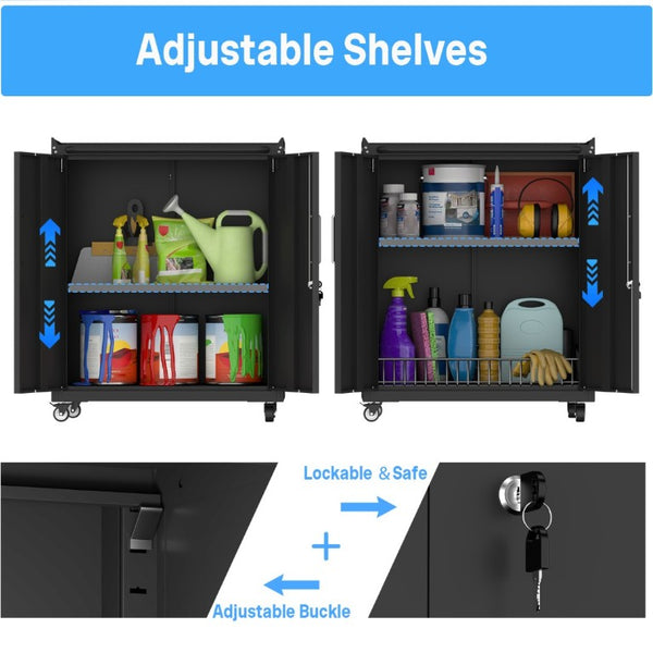 English Elm Heavy-Duty Steel Rolling Lockable Cabinet with Casters Adjustable Shelves and Side Hooks T3625P552983