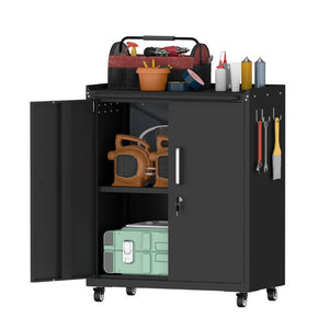 English Elm Heavy-Duty Steel Rolling Lockable Cabinet with Casters Adjustable Shelves and Side Hooks T3625P552983