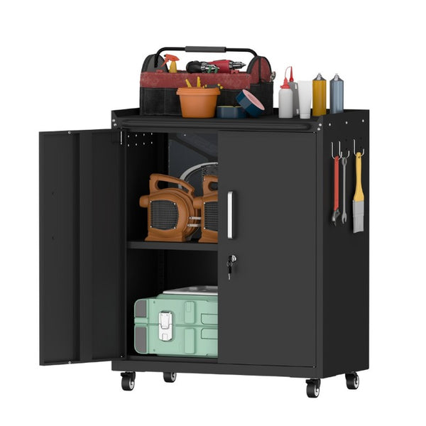 English Elm Heavy-Duty Steel Rolling Lockable Cabinet with Casters Adjustable Shelves and Side Hooks T3625P552983