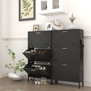 English Elm Classic Steel Tilt Out Shoe Cabinet Slim Entryway Organizer with Side Hooks and Ventilated Doors Black T3625P553006