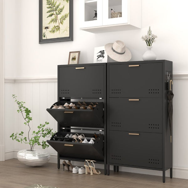 English Elm Classic Steel Tilt Out Shoe Cabinet Slim Entryway Organizer with Side Hooks and Ventilated Doors Black T3625P553006