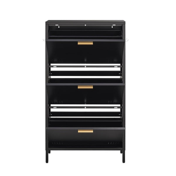English Elm Classic Steel Tilt Out Shoe Cabinet Slim Entryway Organizer with Side Hooks and Ventilated Doors Black T3625P553006