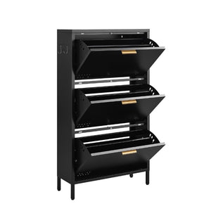 English Elm Classic Steel Tilt Out Shoe Cabinet Slim Entryway Organizer with Side Hooks and Ventilated Doors Black T3625P553006