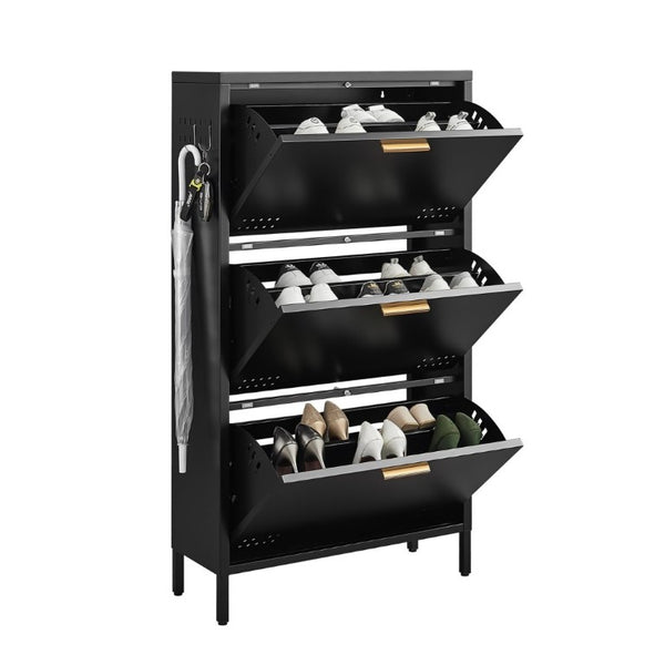 English Elm Classic Steel Tilt Out Shoe Cabinet Slim Entryway Organizer with Side Hooks and Ventilated Doors Black T3625P553006