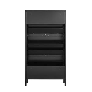 English Elm Classic Steel Tilt Out Shoe Cabinet Slim Entryway Organizer with Side Hooks and Ventilated Doors Black T3625P553006