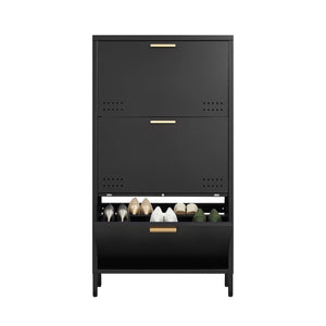 English Elm Classic Steel Tilt Out Shoe Cabinet Slim Entryway Organizer with Side Hooks and Ventilated Doors Black T3625P553006