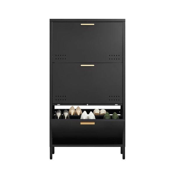 English Elm Classic Steel Tilt Out Shoe Cabinet Slim Entryway Organizer with Side Hooks and Ventilated Doors Black T3625P553006