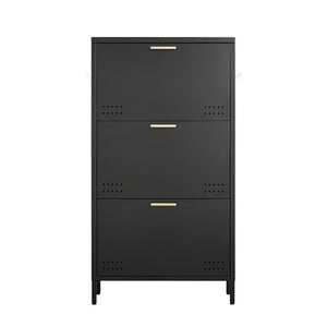 English Elm Classic Steel Tilt Out Shoe Cabinet Slim Entryway Organizer with Side Hooks and Ventilated Doors Black T3625P553006