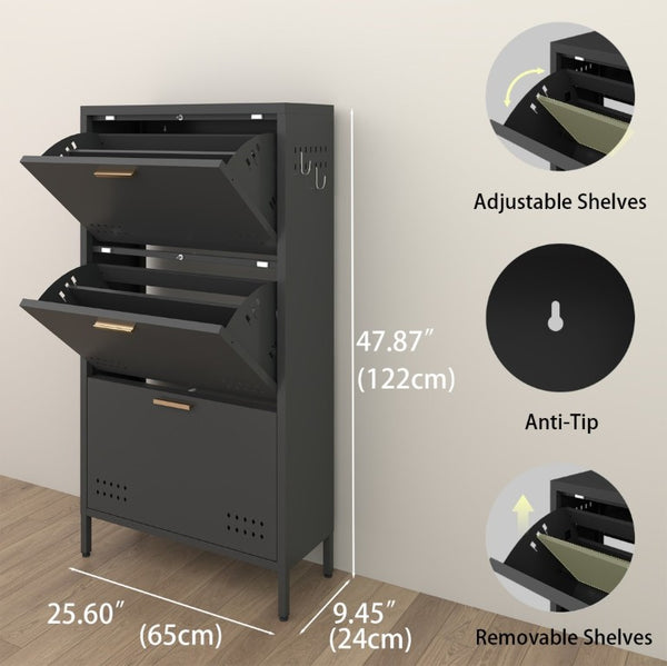 English Elm Classic Steel Tilt Out Shoe Cabinet Slim Entryway Organizer with Side Hooks and Ventilated Doors Black T3625P553006