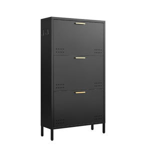English Elm Classic Steel Tilt Out Shoe Cabinet Slim Entryway Organizer with Side Hooks and Ventilated Doors Black T3625P553006