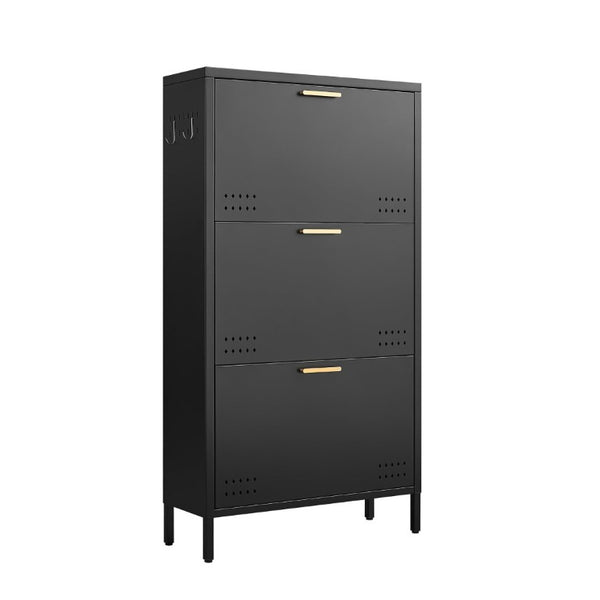 English Elm Classic Steel Tilt Out Shoe Cabinet Slim Entryway Organizer with Side Hooks and Ventilated Doors Black T3625P553006