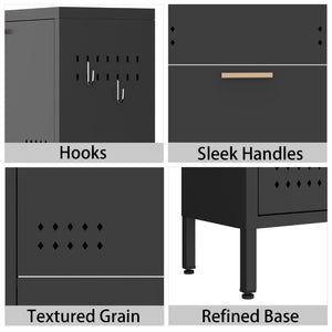 English Elm Classic Steel Tilt Out Shoe Cabinet Slim Entryway Organizer with Side Hooks and Ventilated Doors Black T3625P553006