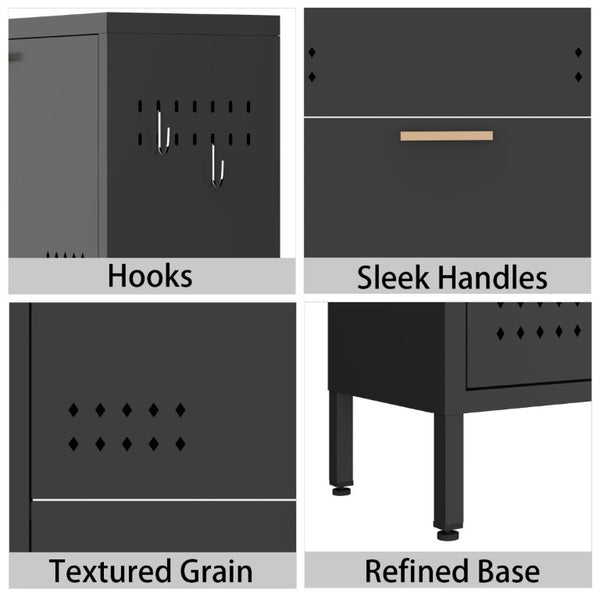 English Elm Classic Steel Tilt Out Shoe Cabinet Slim Entryway Organizer with Side Hooks and Ventilated Doors Black T3625P553006
