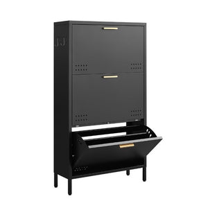 English Elm Classic Steel Tilt Out Shoe Cabinet Slim Entryway Organizer with Side Hooks and Ventilated Doors Black T3625P553006