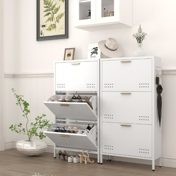English Elm Classic Steel Tilt Out Shoe Cabinet Slim Entryway Organizer with Side Hooks and Ventilated Doors White T3625P553009