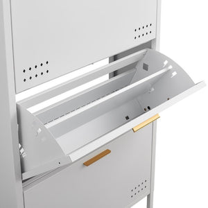 English Elm Classic Steel Tilt Out Shoe Cabinet Slim Entryway Organizer with Side Hooks and Ventilated Doors White T3625P553009