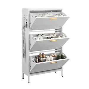 English Elm Classic Steel Tilt Out Shoe Cabinet Slim Entryway Organizer with Side Hooks and Ventilated Doors White T3625P553009