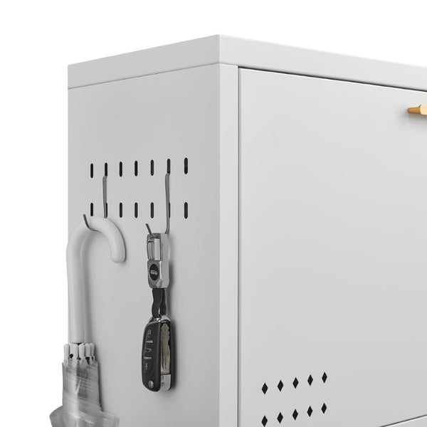 English Elm Classic Steel Tilt Out Shoe Cabinet Slim Entryway Organizer with Side Hooks and Ventilated Doors White T3625P553009