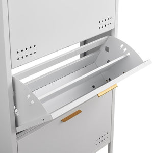 English Elm Classic Steel Tilt Out Shoe Cabinet Slim Entryway Organizer with Side Hooks and Ventilated Doors White T3625P553009