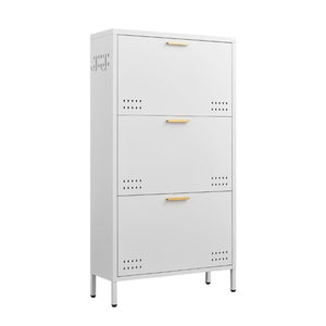 English Elm Classic Steel Tilt Out Shoe Cabinet Slim Entryway Organizer with Side Hooks and Ventilated Doors White T3625P553009