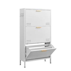English Elm Classic Steel Tilt Out Shoe Cabinet Slim Entryway Organizer with Side Hooks and Ventilated Doors White T3625P553009